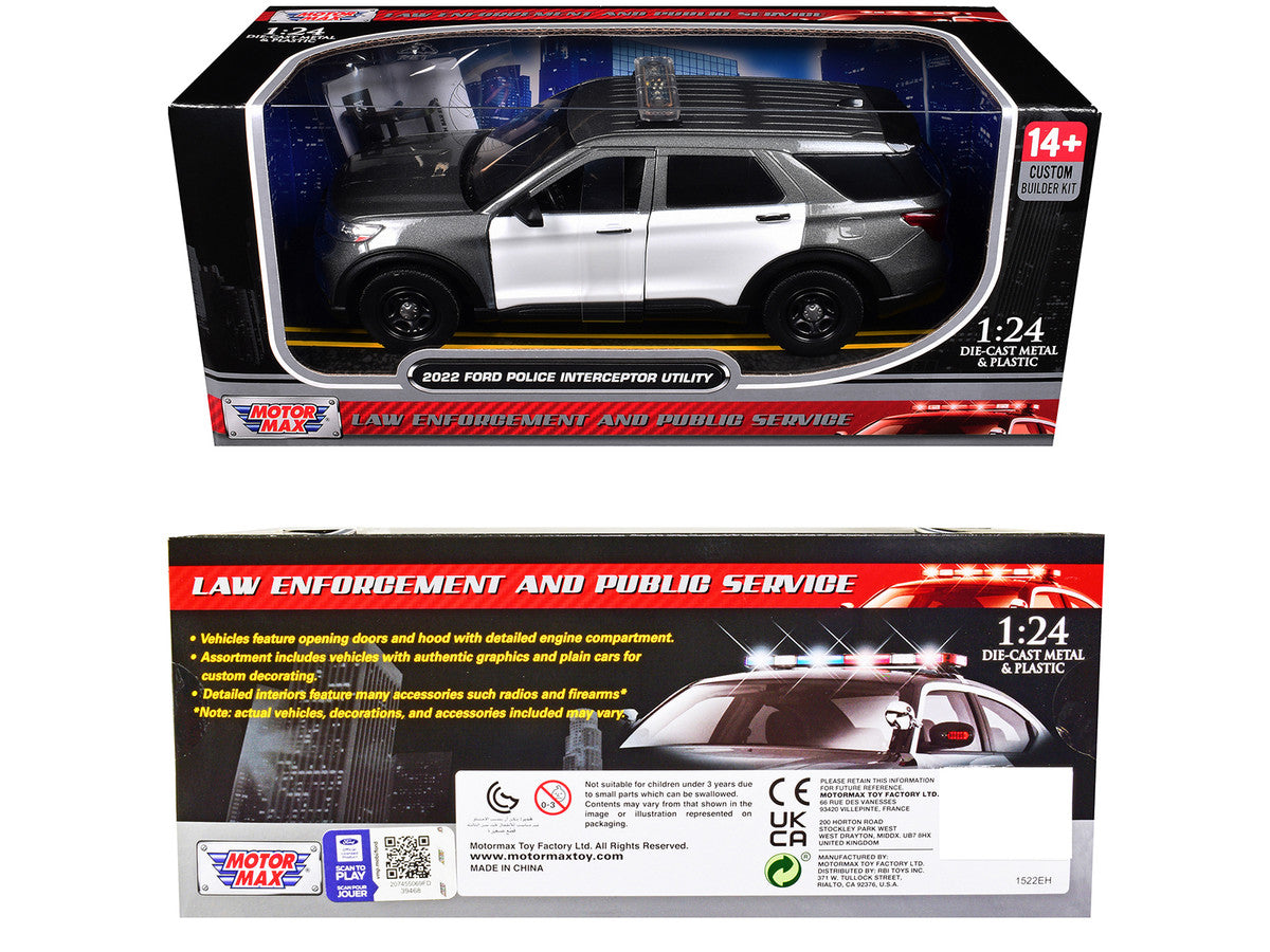 2022 Ford Police Interceptor Utility Gray Metallic with White Doors "Builder's Kit" with Flashing Light Bar and Front and Rear Lights and Sounds 1/24 Diecast Model Car by Motormax Motormax