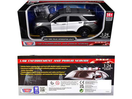 2022 Ford Police Interceptor Utility Gray Metallic with White Doors "Builder's Kit" with Flashing Light Bar and Front and Rear Lights and Sounds 1/24 Diecast Model Car by Motormax Motormax