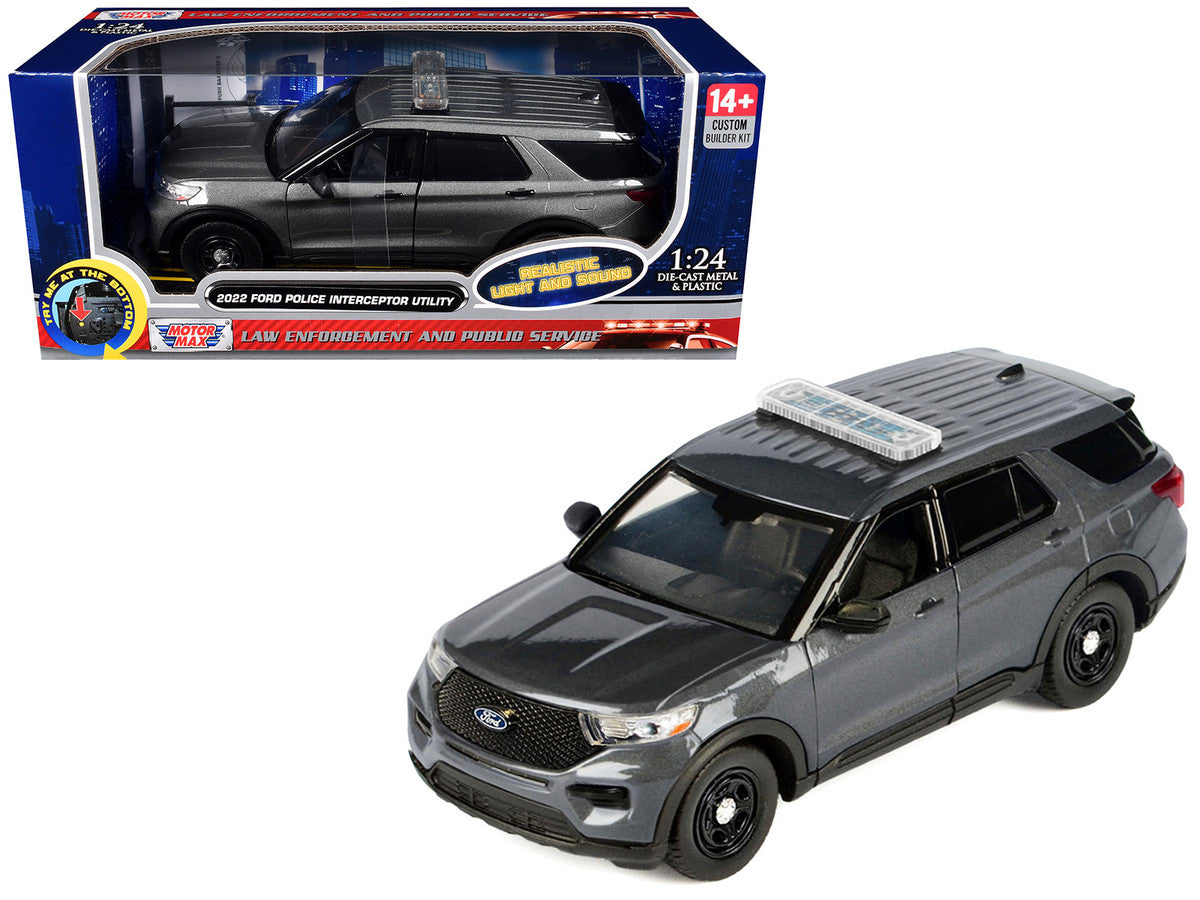 2022 Ford Police Interceptor Utility Dark Gray Metallic "Builder's Kit" with Flashing Light Bar and Front and Rear Lights and Sounds 1/24 Diecast Model Car by Motormax Motormax