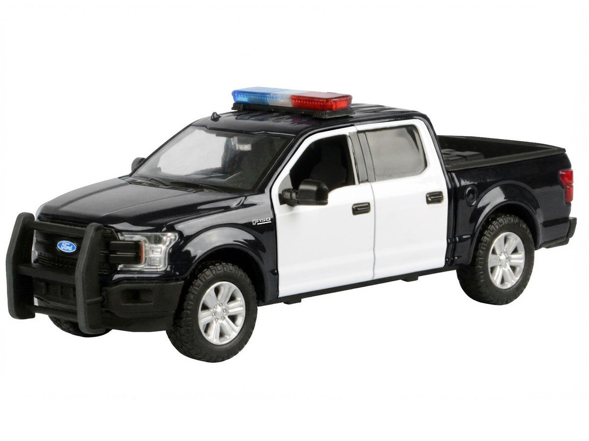 2019 Ford F-150 Lariat Crew Cab Pickup Truck Black and White with Flashing Light Bar and Front and Rear Lights and Sounds 1/27 Diecast Model Car by Motormax Motormax