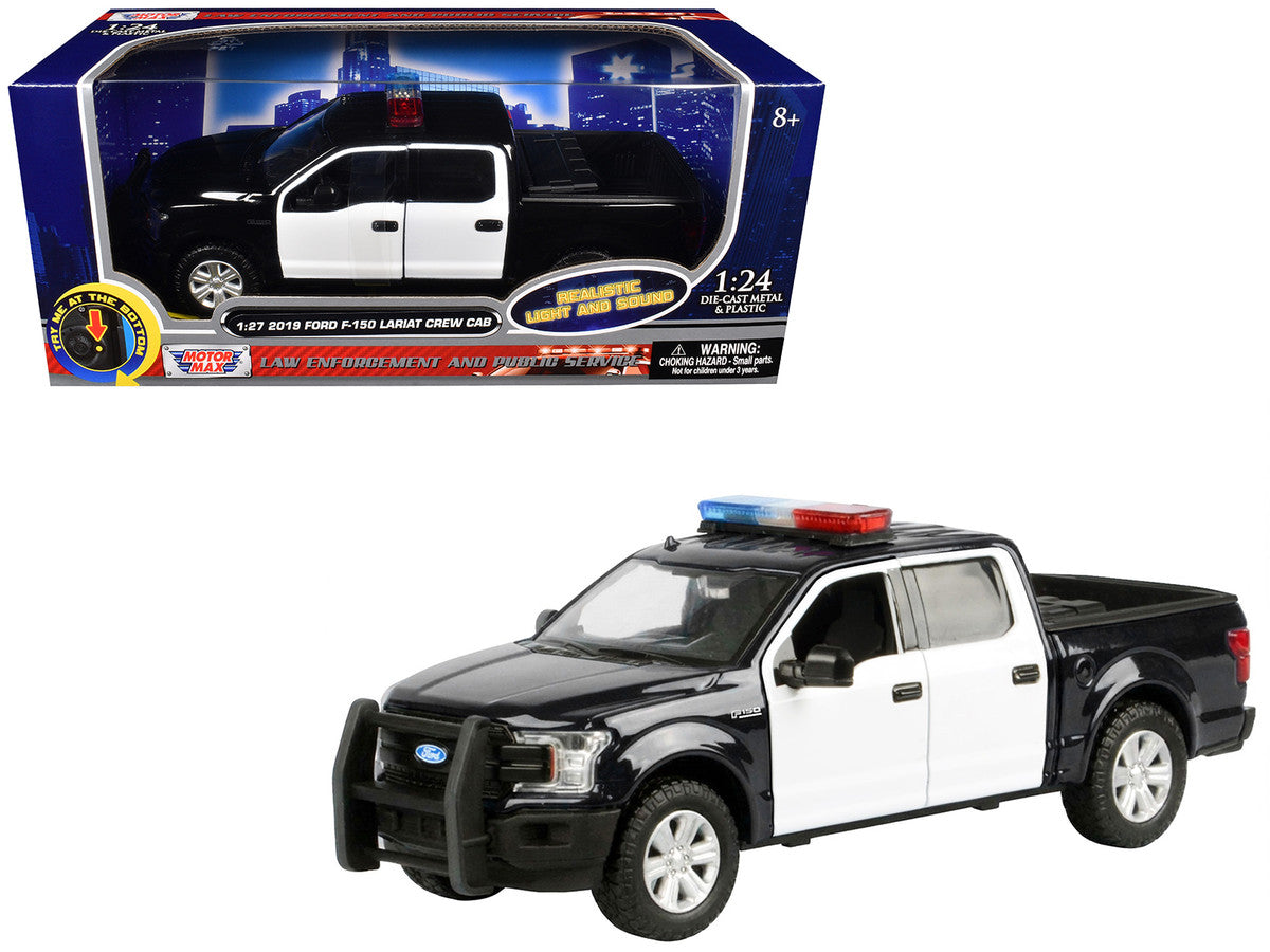 2019 Ford F-150 Lariat Crew Cab Pickup Truck Black and White with Flashing Light Bar and Front and Rear Lights and Sounds 1/27 Diecast Model Car by Motormax Motormax