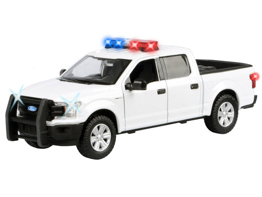 2019 Ford F-150 Lariat Crew Cab Pickup Truck White with Flashing Light Bar and Front and Rear Lights and Sounds 1/27 Diecast Model Car by Motormax-1