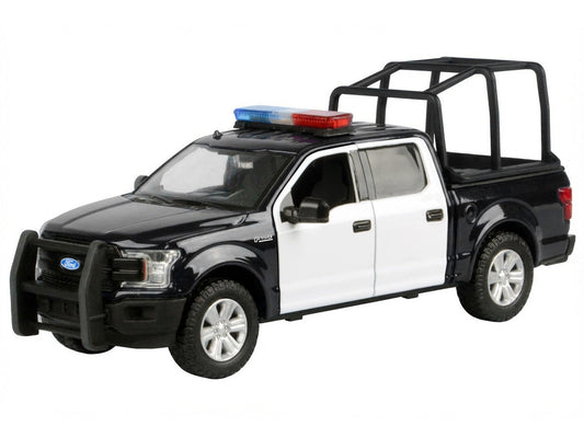 2019 Ford F-150 Lariat Crew Cab Pickup Truck with Bed Cage Black and White with Flashing Light Bar and Front and Rear Lights and Sounds 1/27 Diecast Model Car by Motormax Motormax