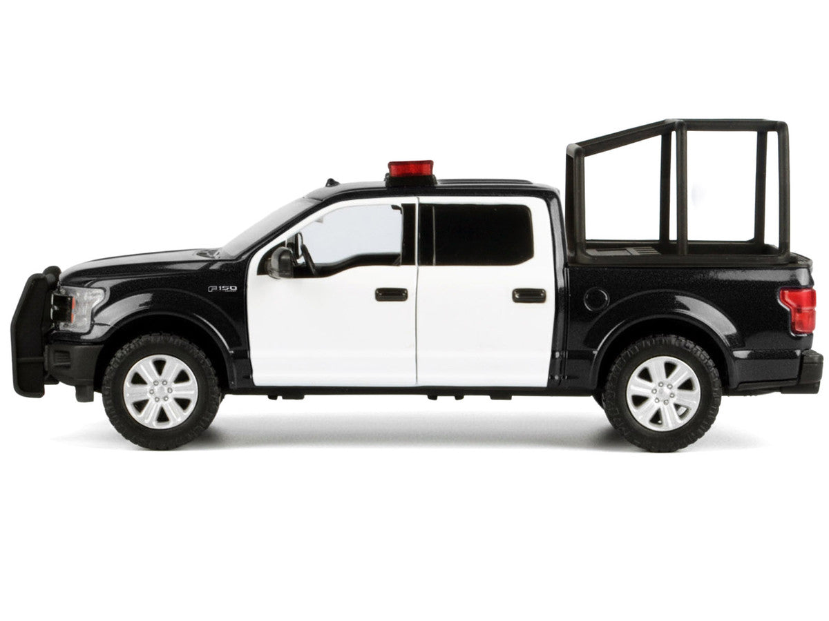 2019 Ford F-150 Lariat Crew Cab Pickup Truck with Bed Cage Black and White with Flashing Light Bar and Front and Rear Lights and Sounds 1/27 Diecast Model Car by Motormax Motormax