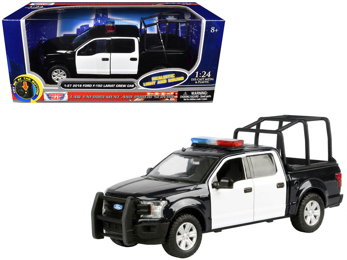 2019 Ford F-150 Lariat Crew Cab Pickup Truck with Bed Cage Black and White with Flashing Light Bar and Front and Rear Lights and Sounds 1/27 Diecast Model Car by Motormax Motormax