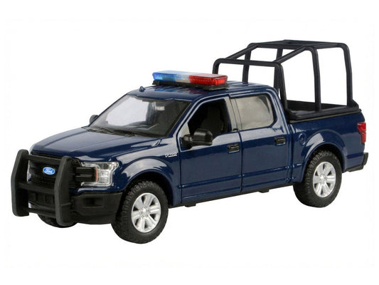 2019 Ford F-150 Lariat Crew Cab Pickup Truck with Bed Cage Dark Blue with Flashing Light Bar and Front and Rear Lights and Sounds 1/27 Diecast Model Car by Motormax Motormax