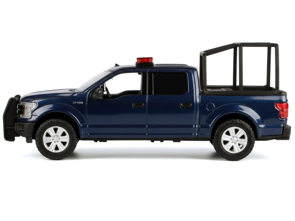 2019 RAM 1500 Laramie Crew Cab Pickup Truck with Bed Cage Dark Blue with Flashing Light Bar and Front and Rear Lights and Sounds 1/27 Diecast Model Car by Motormax Motormax