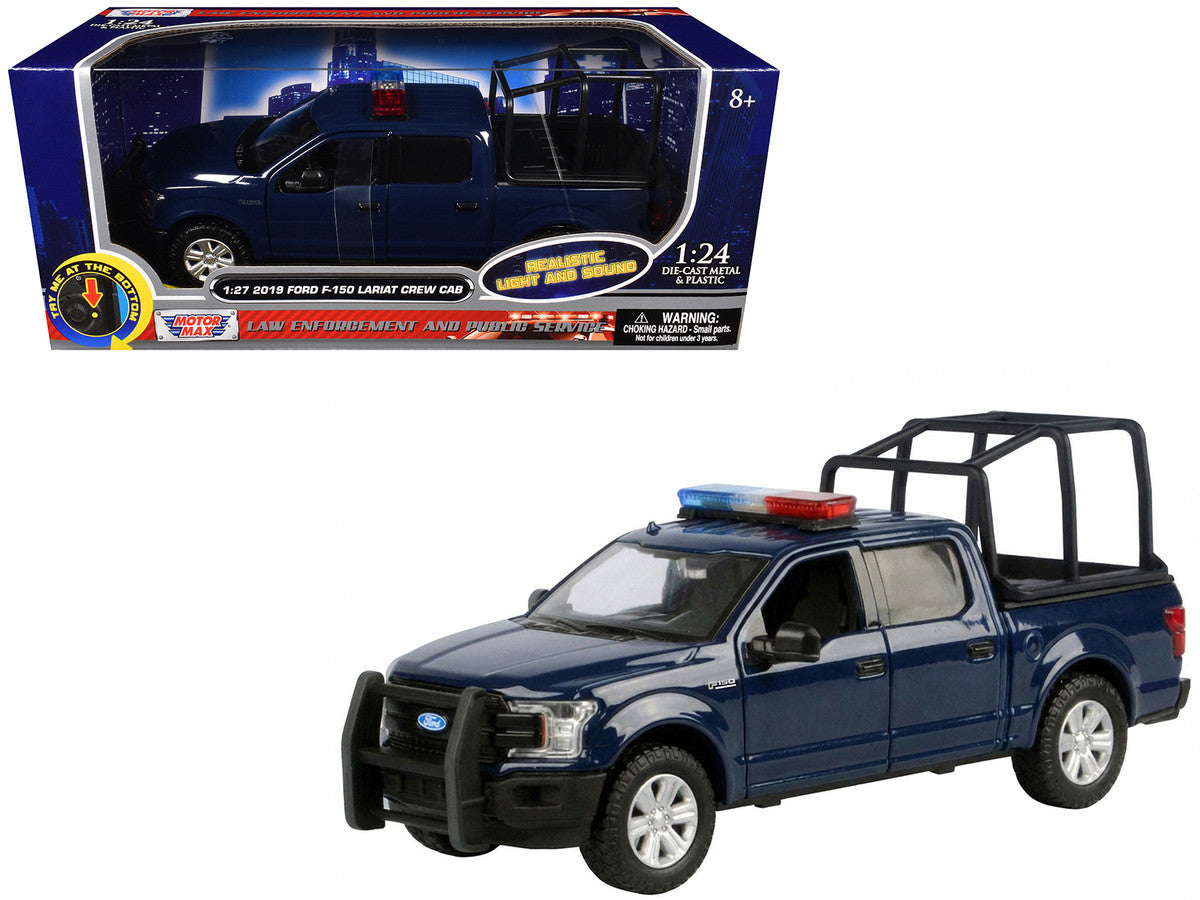 2019 Ford F-150 Lariat Crew Cab Pickup Truck with Bed Cage Dark Blue with Flashing Light Bar and Front and Rear Lights and Sounds 1/27 Diecast Model Car by Motormax Motormax