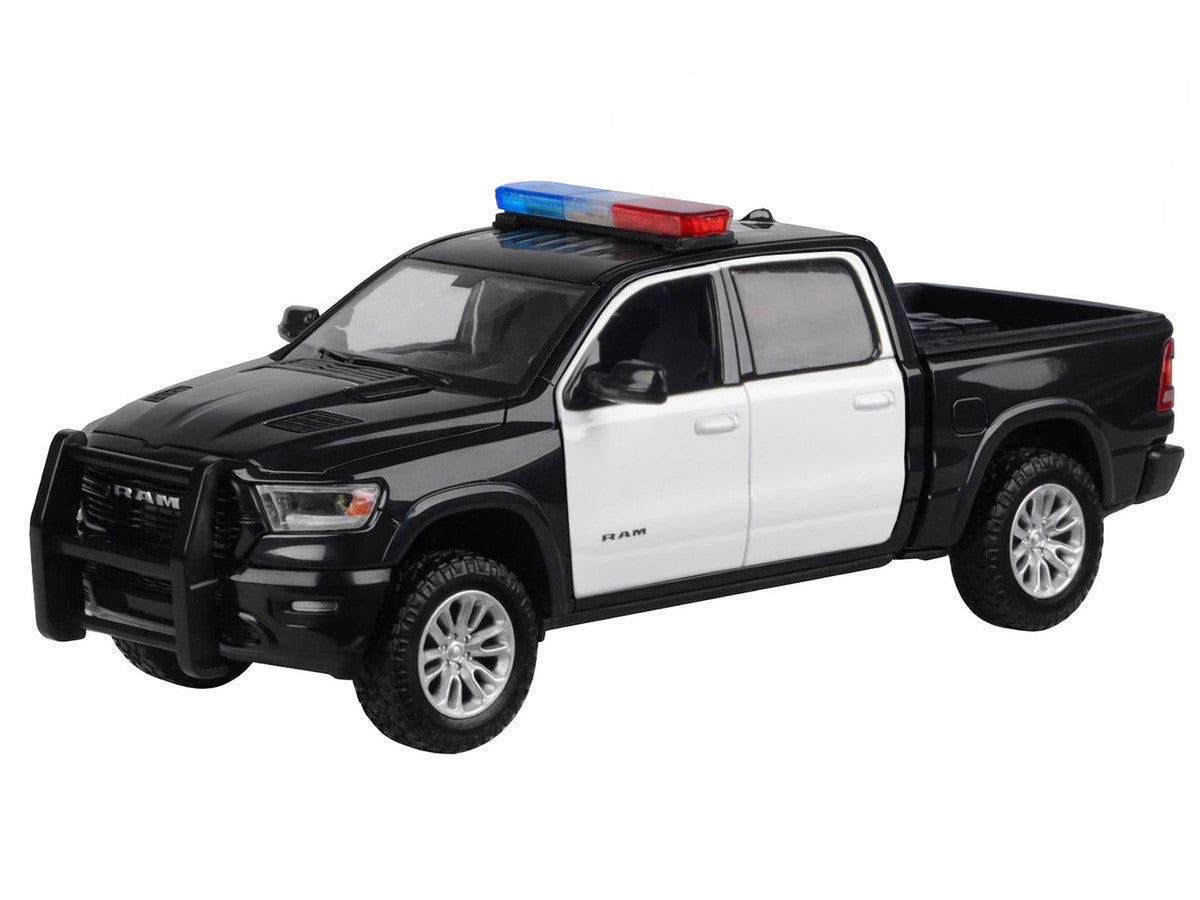 2019 RAM 1500 Laramie Crew Cab Pickup Truck Black and White with Flashing Light Bar and Front and Rear Lights and Sounds 1/27 Diecast Model Car by Motormax Motormax