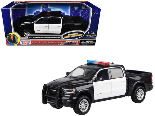 2019 RAM 1500 Laramie Crew Cab Pickup Truck Black and White with Flashing Light Bar and Front and Rear Lights and Sounds 1/27 Diecast Model Car by Motormax Motormax