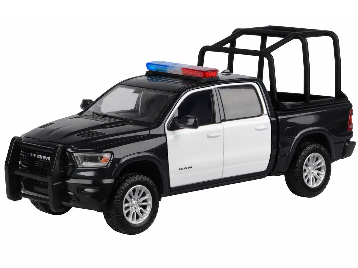 2019 RAM 1500 Laramie Crew Cab Pickup Truck with Bed Cage Black and White with Flashing Light Bar and Front and Rear Lights and Sounds 1/27 Diecast Model Car by Motormax Motormax