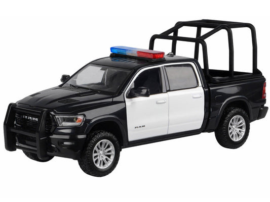 2019 RAM 1500 Laramie Crew Cab Pickup Truck with Bed Cage Black and White with Flashing Light Bar and Front and Rear Lights and Sounds 1/27 Diecast Model Car by Motormax Motormax