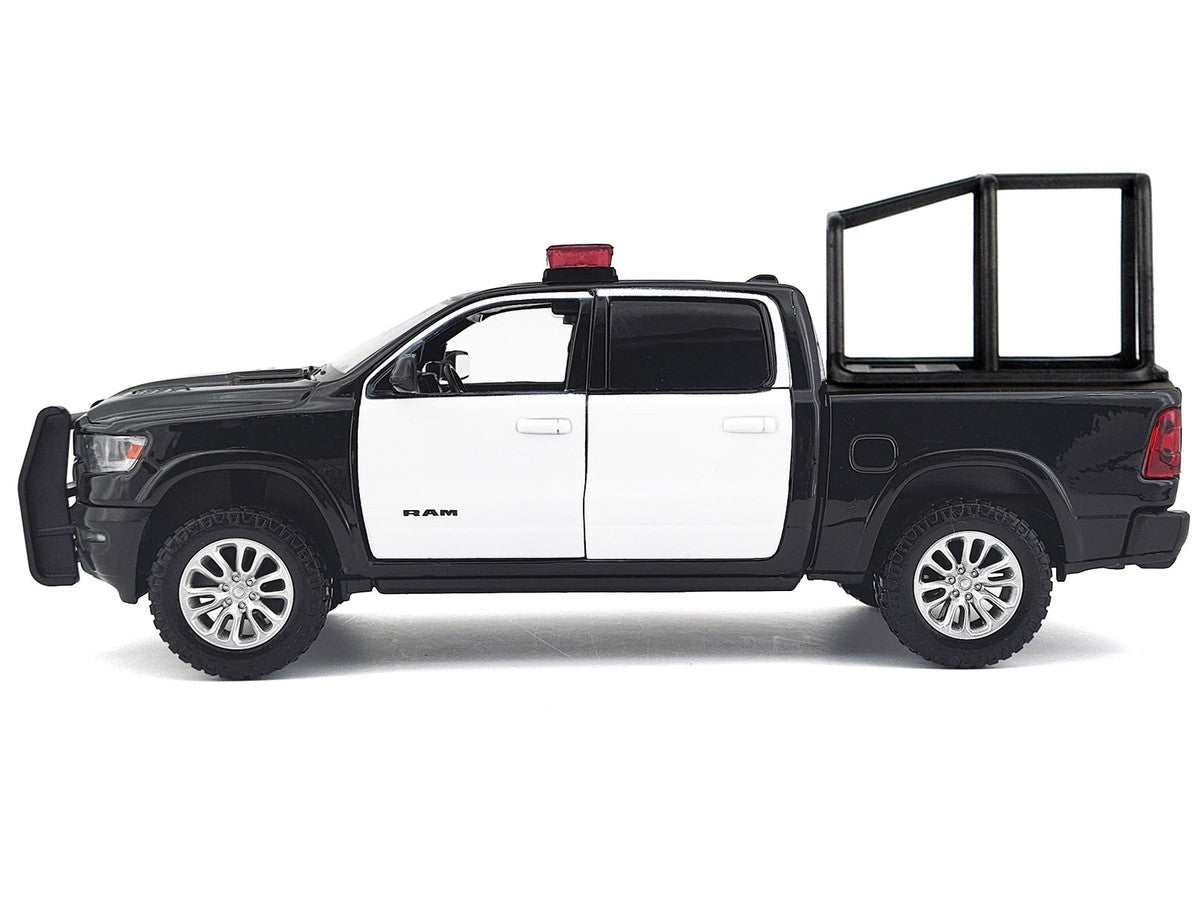 2019 RAM 1500 Laramie Crew Cab Pickup Truck with Bed Cage Black and White with Flashing Light Bar and Front and Rear Lights and Sounds 1/27 Diecast Model Car by Motormax Motormax