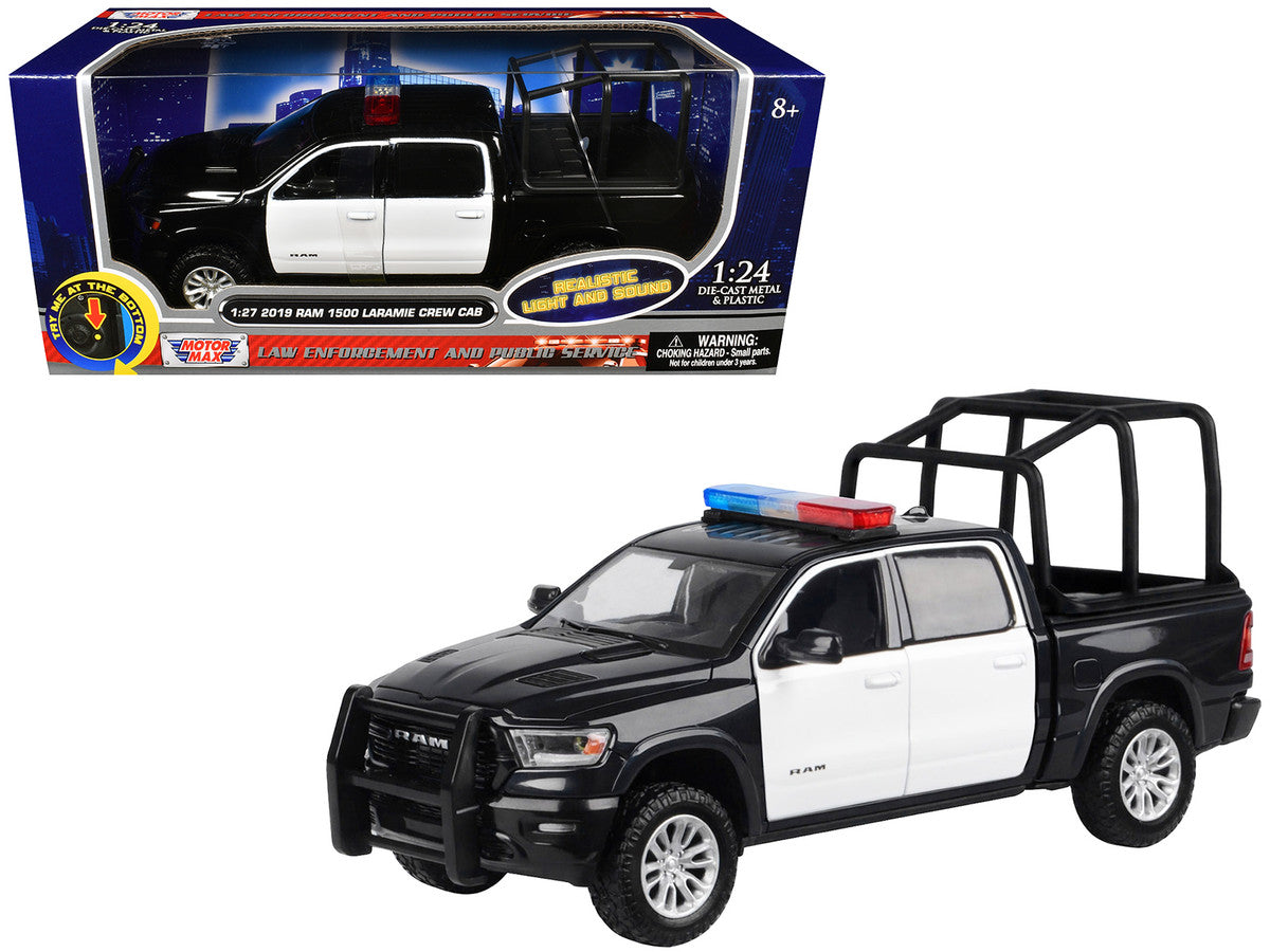 2019 RAM 1500 Laramie Crew Cab Pickup Truck with Bed Cage Black and White with Flashing Light Bar and Front and Rear Lights and Sounds 1/27 Diecast Model Car by Motormax Motormax