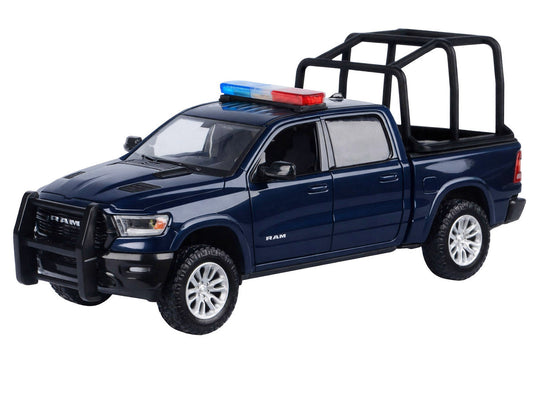 2019 RAM 1500 Laramie Crew Cab Pickup Truck with Bed Cage Dark Blue with Flashing Light Bar and Front and Rear Lights and Sounds 1/27 Diecast Model Car by Motormax Motormax