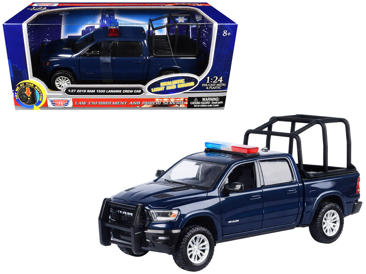 2019 RAM 1500 Laramie Crew Cab Pickup Truck with Bed Cage Dark Blue with Flashing Light Bar and Front and Rear Lights and Sounds 1/27 Diecast Model Car by Motormax Motormax