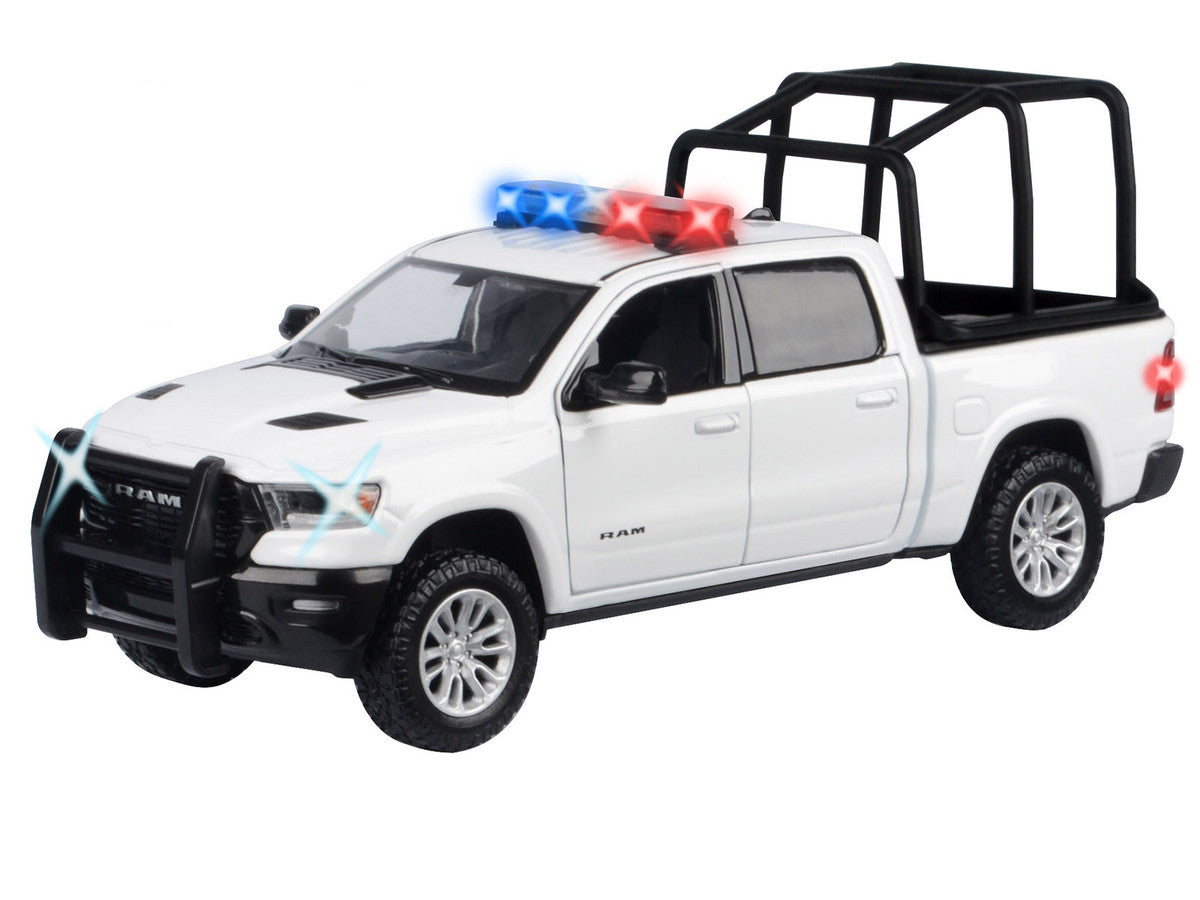 2019 RAM 1500 Laramie Crew Cab Pickup Truck with Bed Cage White with Flashing Light Bar and Front and Rear Lights and Sounds 1/27 Diecast Model Car by Motormax Motormax
