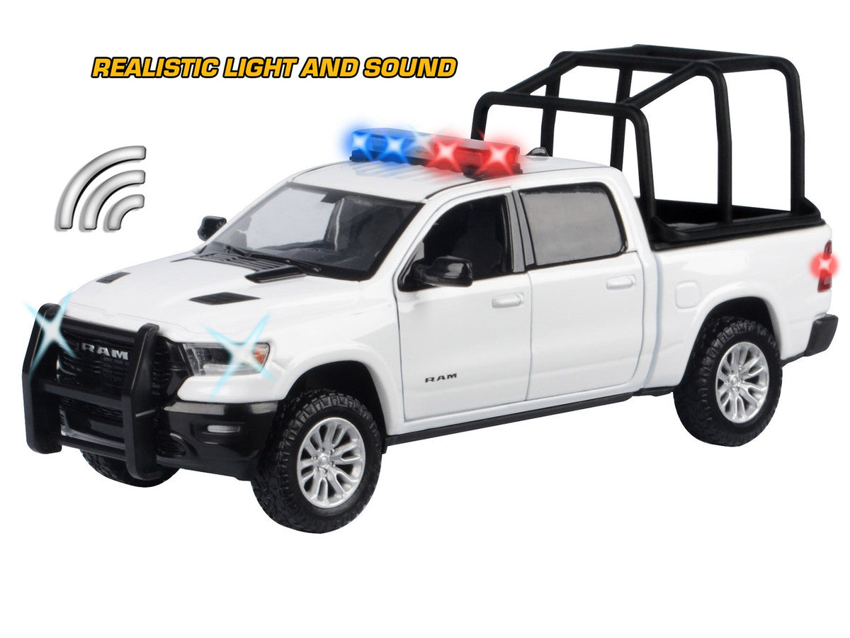 2019 RAM 1500 Laramie Crew Cab Pickup Truck with Bed Cage White with Flashing Light Bar and Front and Rear Lights and Sounds 1/27 Diecast Model Car by Motormax Motormax