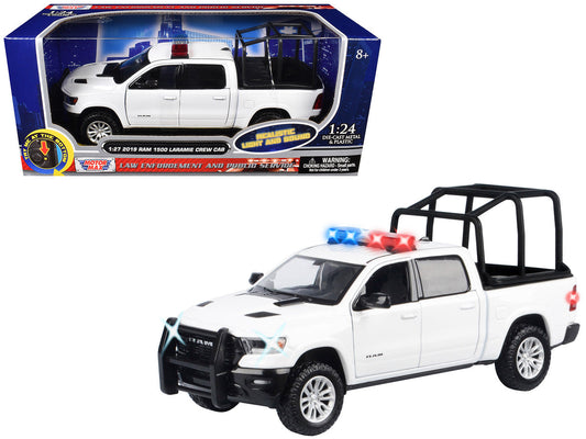 2019 RAM 1500 Laramie Crew Cab Pickup Truck with Bed Cage White with Flashing Light Bar and Front and Rear Lights and Sounds 1/27 Diecast Model Car by Motormax Motormax