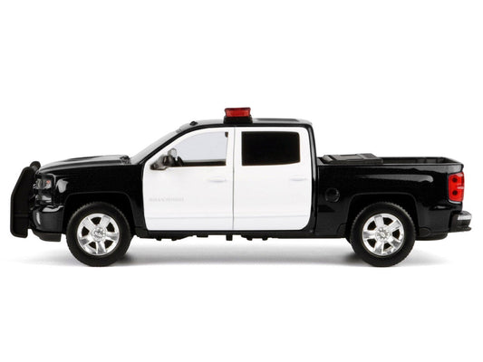 2017 Chevrolet Silverado 1500 LT Z71 Crew Cab Pickup Truck Black and White with Flashing Light Bar and Front and Rear Lights and Sounds 1/27 Diecast Model Car by Motormax Motormax