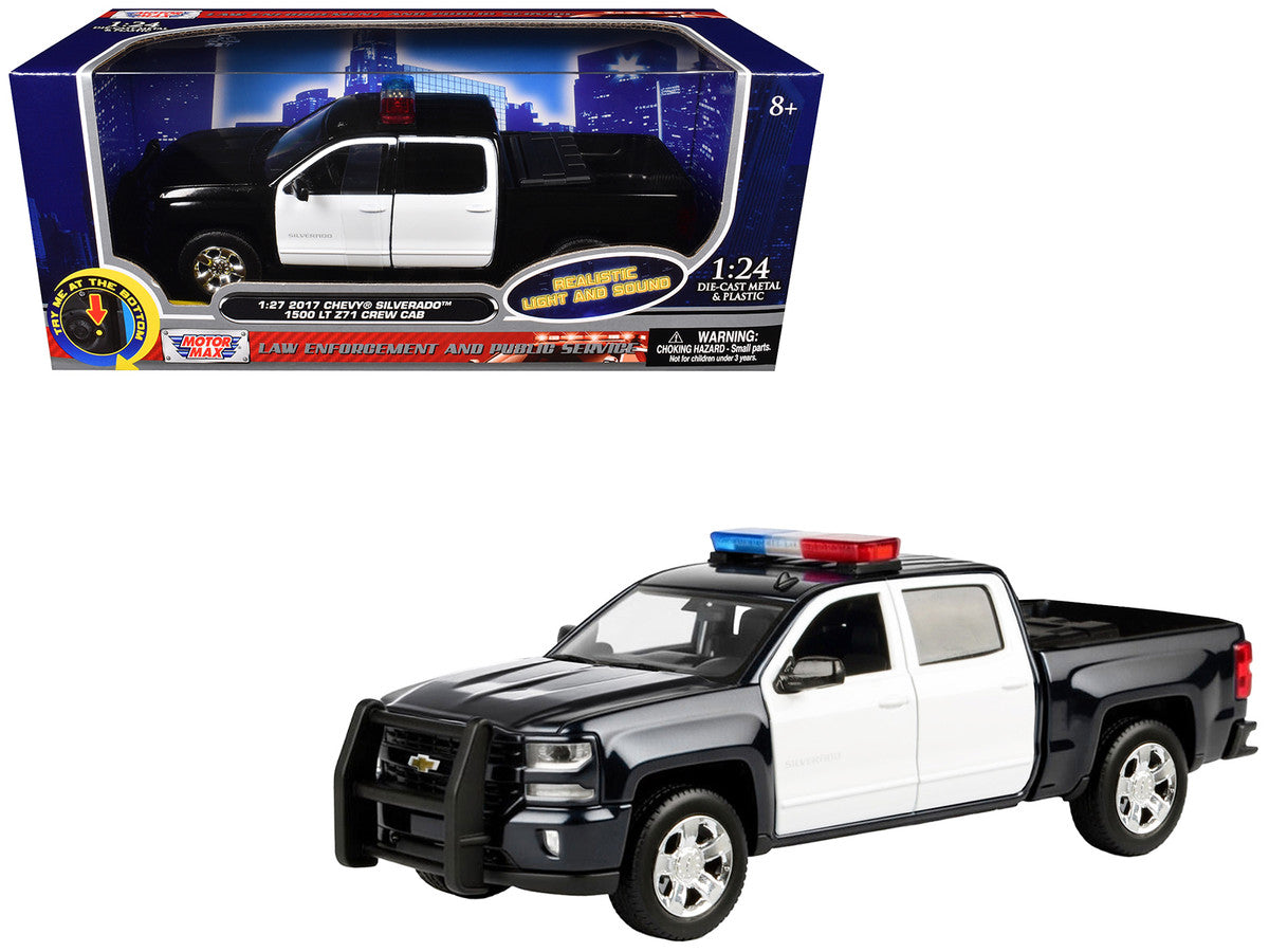 2017 Chevrolet Silverado 1500 LT Z71 Crew Cab Pickup Truck Black and White with Flashing Light Bar and Front and Rear Lights and Sounds 1/27 Diecast Model Car by Motormax Motormax