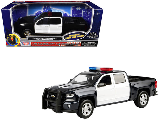 2017 Chevrolet Silverado 1500 LT Z71 Crew Cab Pickup Truck Black and White with Flashing Light Bar and Front and Rear Lights and Sounds 1/27 Diecast Model Car by Motormax Motormax
