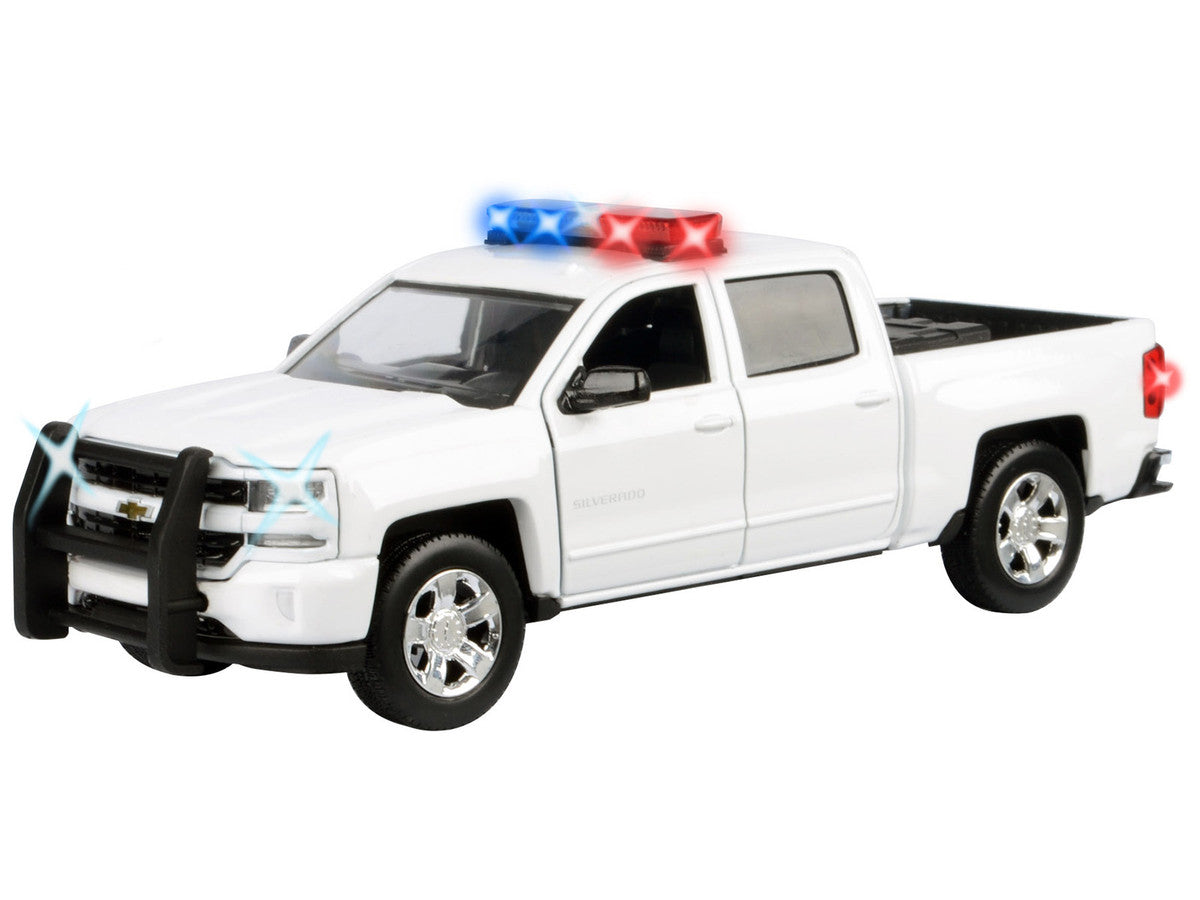 2017 Chevrolet Silverado 1500 LT Z71 Crew Cab Pickup Truck White with Flashing Light Bar and Front and Rear Lights and Sounds 1/27 Diecast Model Car by Motormax-1