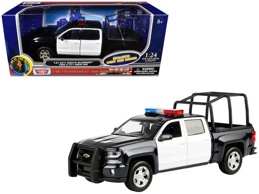 2017 Chevrolet Silverado 1500 LT Z71 Crew Cab Pickup Truck with Bed Cage Black and White with Flashing Light Bar and Front and Rear Lights and Sounds 1/27 Diecast Model Car by Motormax Motormax