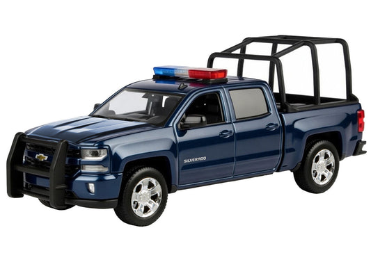 2017 Chevrolet Silverado 1500 LT Z71 Crew Cab Pickup Truck with Bed Cage Dark Blue with Flashing Light Bar and Front and Rear Lights and Sounds 1/27 Diecast Model Car by Motormax Motormax