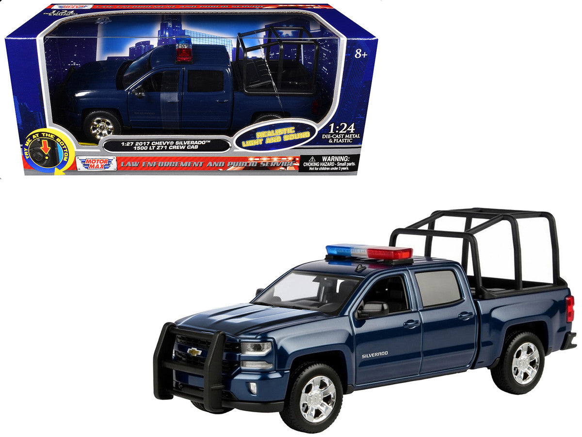 2017 Chevrolet Silverado 1500 LT Z71 Crew Cab Pickup Truck with Bed Cage Dark Blue with Flashing Light Bar and Front and Rear Lights and Sounds 1/27 Diecast Model Car by Motormax Motormax