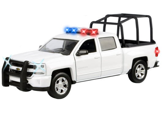 2017 Chevrolet Silverado 1500 LT Z71 Crew Cab Pickup Truck with White with Flashing Light Bar and Front and Rear Lights and Sounds 1/27 Diecast Model Car by Motormax Motormax