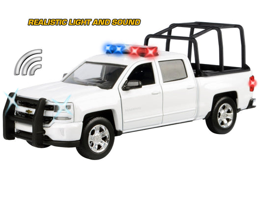 2017 Chevrolet Silverado 1500 LT Z71 Crew Cab Pickup Truck with White with Flashing Light Bar and Front and Rear Lights and Sounds 1/27 Diecast Model Car by Motormax Motormax