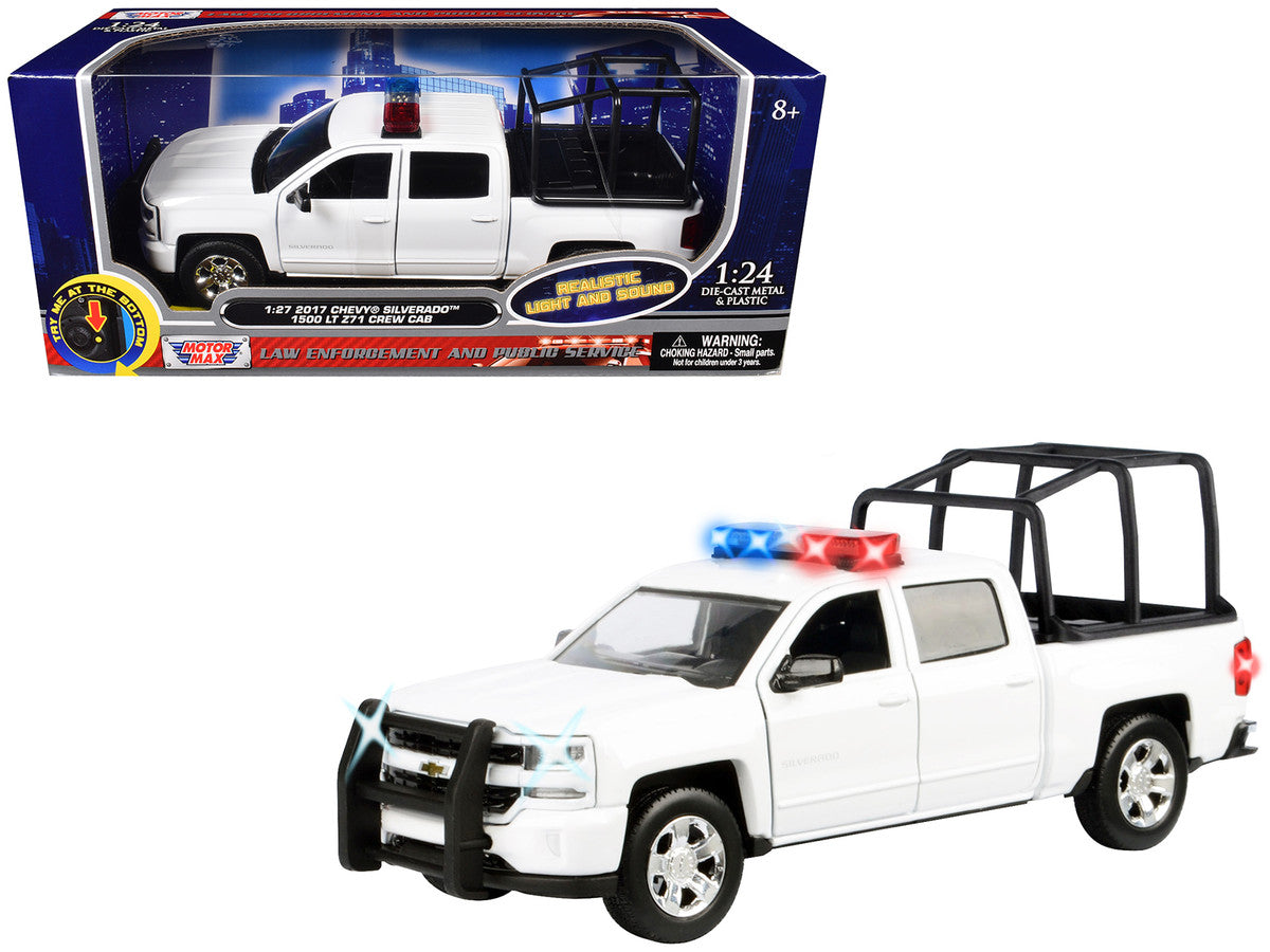 2017 Chevrolet Silverado 1500 LT Z71 Crew Cab Pickup Truck with White with Flashing Light Bar and Front and Rear Lights and Sounds 1/27 Diecast Model Car by Motormax Motormax