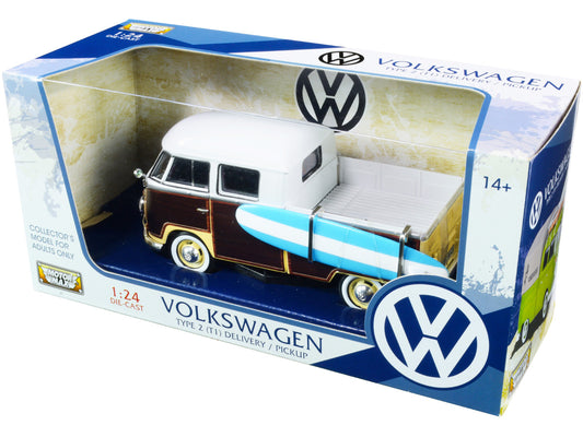 Volkswagen Type 2 (T1) Pickup White and Yellow with Wood Paneling with Surfboard 1/24 Diecast Model Car by Motormax-1