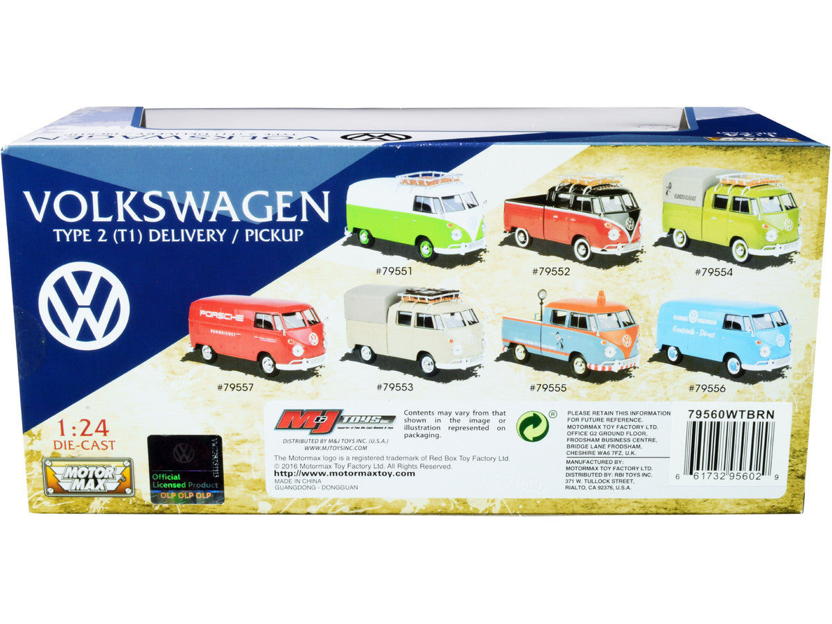 Volkswagen Type 2 (T1) Pickup White and Yellow with Wood Paneling with Surfboard 1/24 Diecast Model Car by Motormax-2