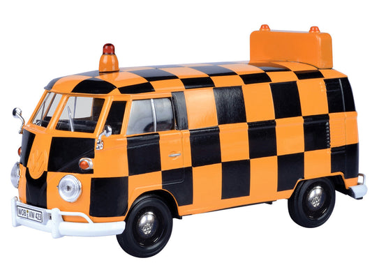 Volkswagen Type 2 (T1) Airport Runway Delivery Van Black and Orange Checkered 1/24 Diecast Model Car by Motormax Motormax