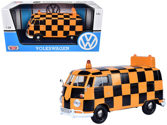 Volkswagen Type 2 (T1) Airport Runway Delivery Van Black and Orange Checkered 1/24 Diecast Model Car by Motormax Motormax