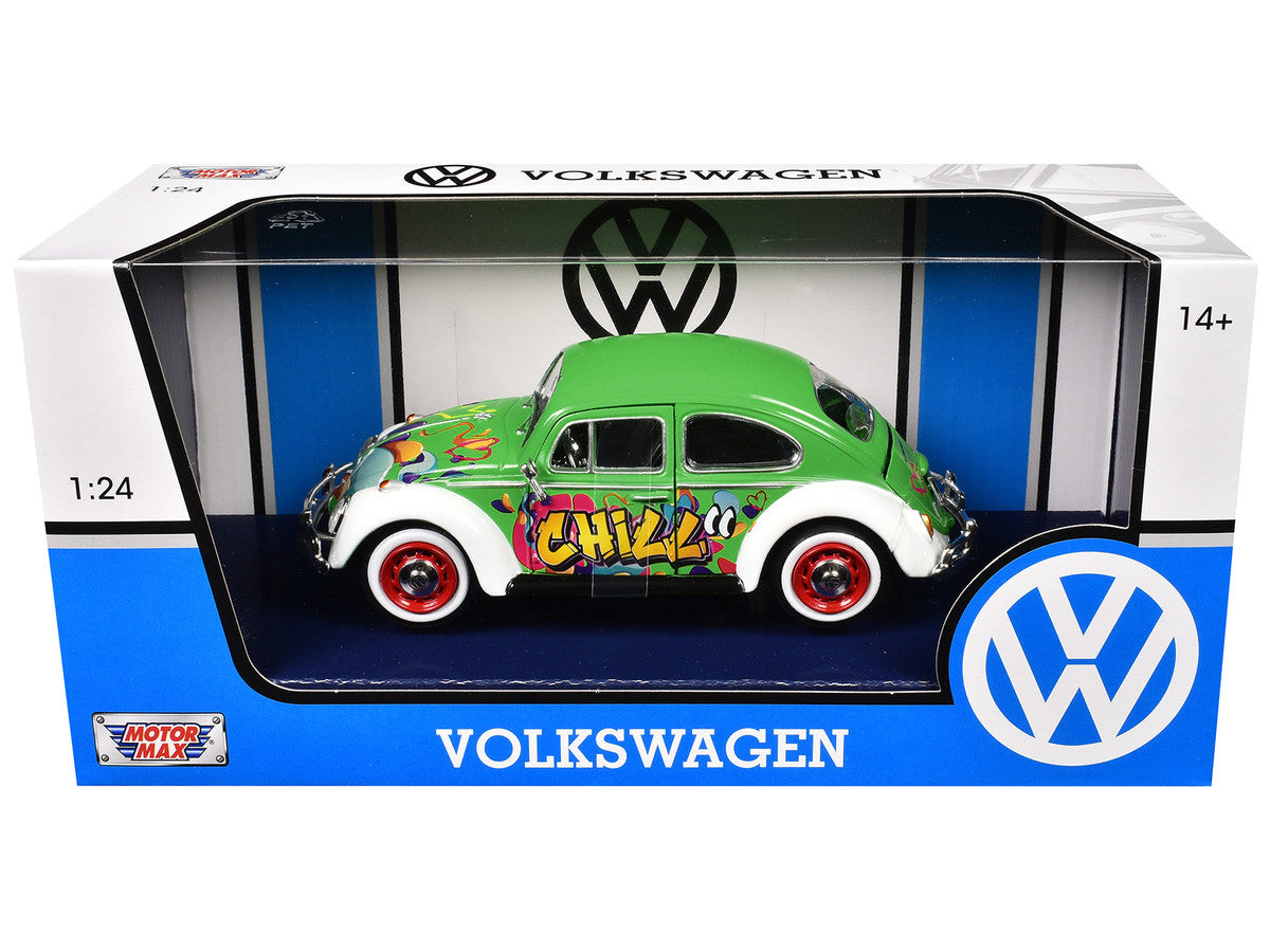 1966 Volkswagen Beetle Green with Graffiti Graphics 1/24 Diecast Model Car by Motormax Motormax