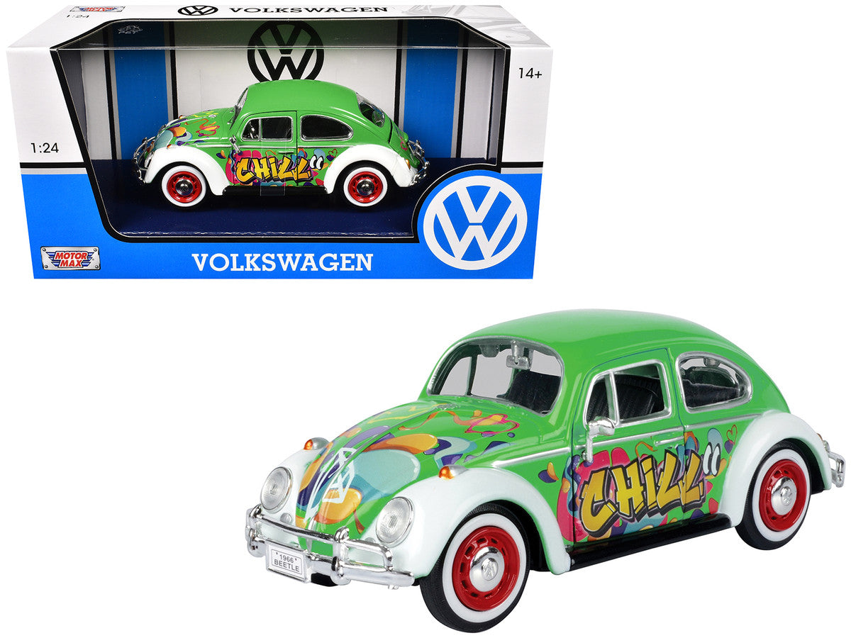 1966 Volkswagen Beetle Green with Graffiti Graphics 1/24 Diecast Model Car by Motormax Motormax