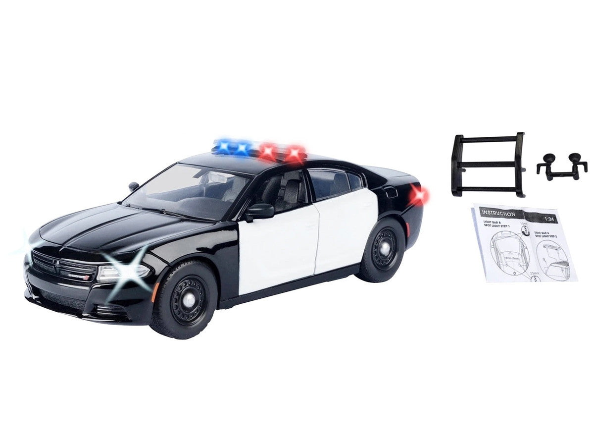 2023 Dodge Charger Pursuit Police Car Black and White with Flashing Light Bar Front and Rear Lights and 2 Sounds "Builder's Kit" 1/24 Diecast Model Car by Motormax Motormax