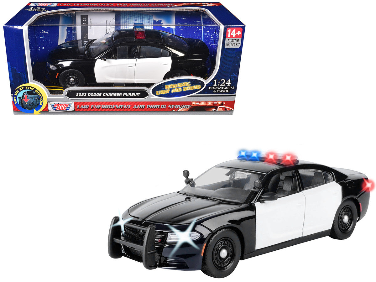 2023 Dodge Charger Pursuit Police Car Black and White with Flashing Light Bar Front and Rear Lights and 2 Sounds "Builder's Kit" 1/24 Diecast Model Car by Motormax Motormax