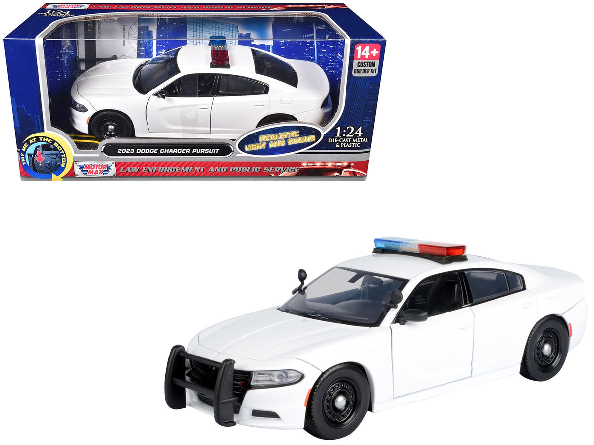 2023 Dodge Charger Pursuit Police Car Unmarked White with Flashing Light Bar Front and Rear Lights and 2 Sounds "Builder's Kit" 1/24 Diecast Model Car by Motormax W2B