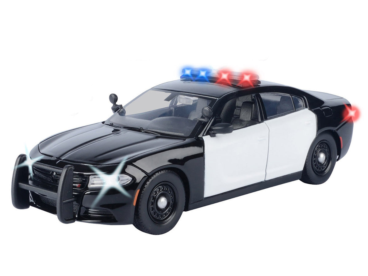 2023 Dodge Charger Pursuit Police Car Black and White with Flashing Light Bar Front and Rear Lights and 2 Sounds "Builder's Kit" 1/24 Diecast Model Car by Motormax Motormax