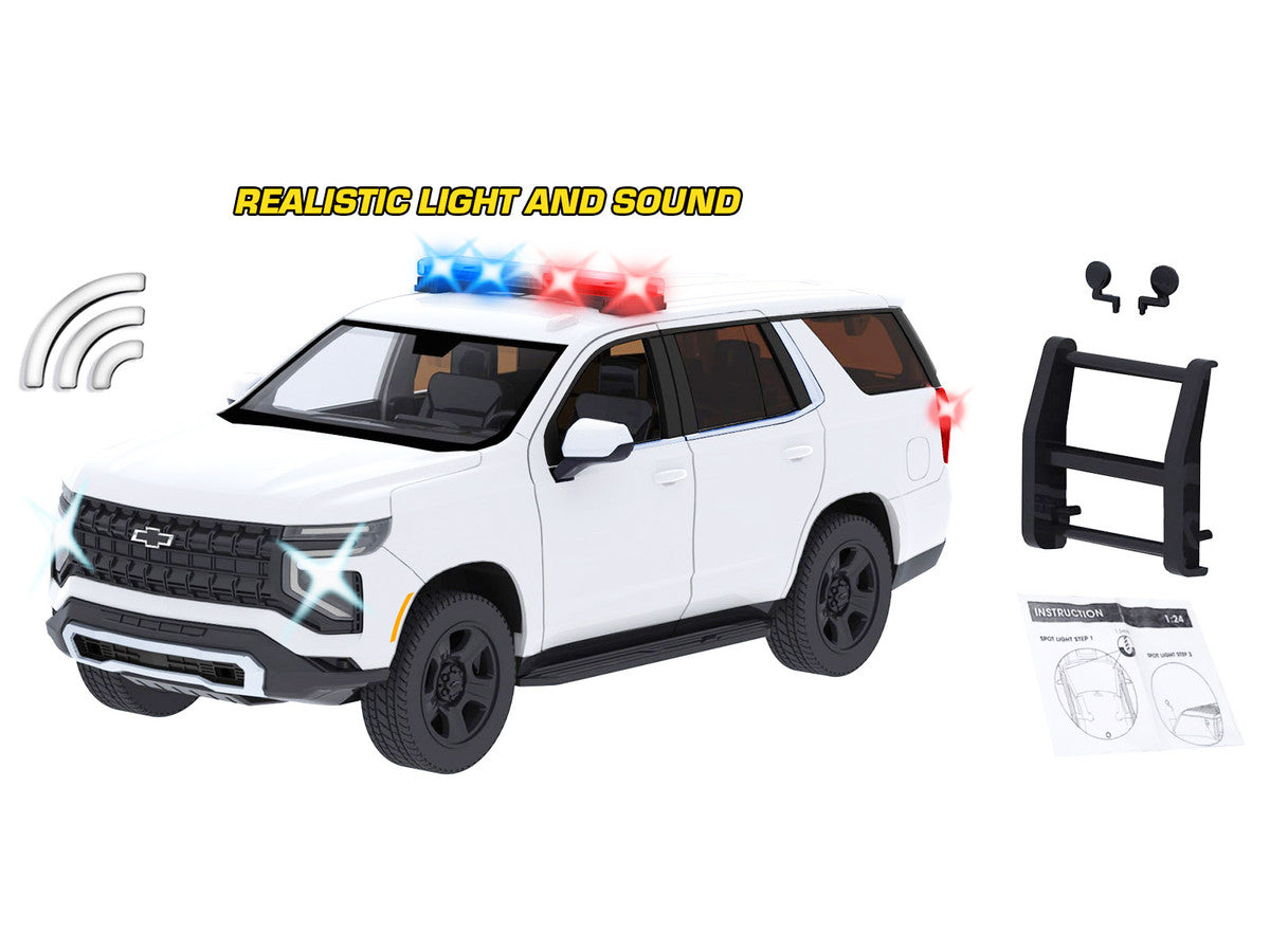 2025 Chevrolet Tahoe PPV White "Builder's Kit" with Flashing Light Bar and Front and Rear Lights and Sounds 1/24 Diecast Model Car by Motormax Motormax