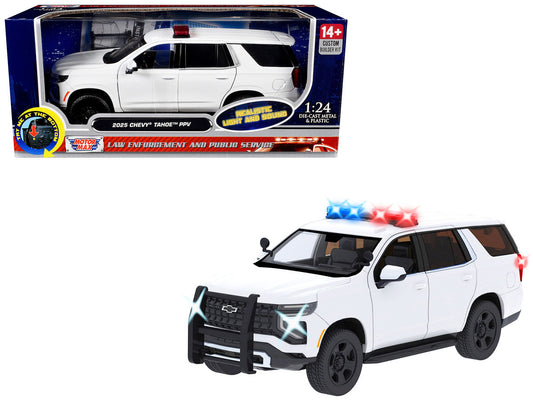 2025 Chevrolet Tahoe PPV White "Builder's Kit" with Flashing Light Bar and Front and Rear Lights and Sounds 1/24 Diecast Model Car by Motormax Motormax