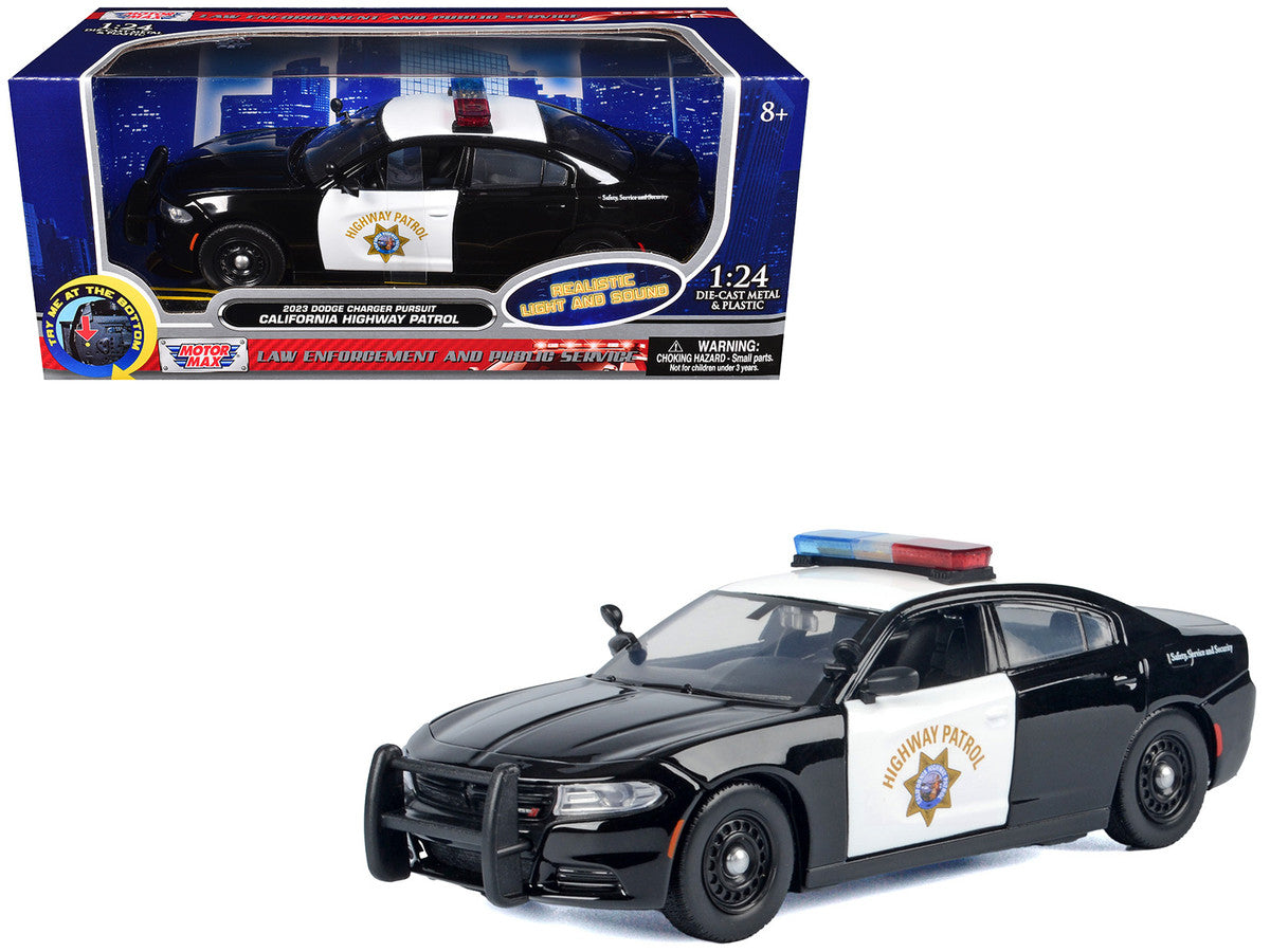 2023 Dodge Charger Pursuit Police Car "California Highway Patrol (CHP)" Black and White with Flashing Light Bar and Front and Rear Lights and Sounds 1/24 Diecast Model Car by Motormax Motormax