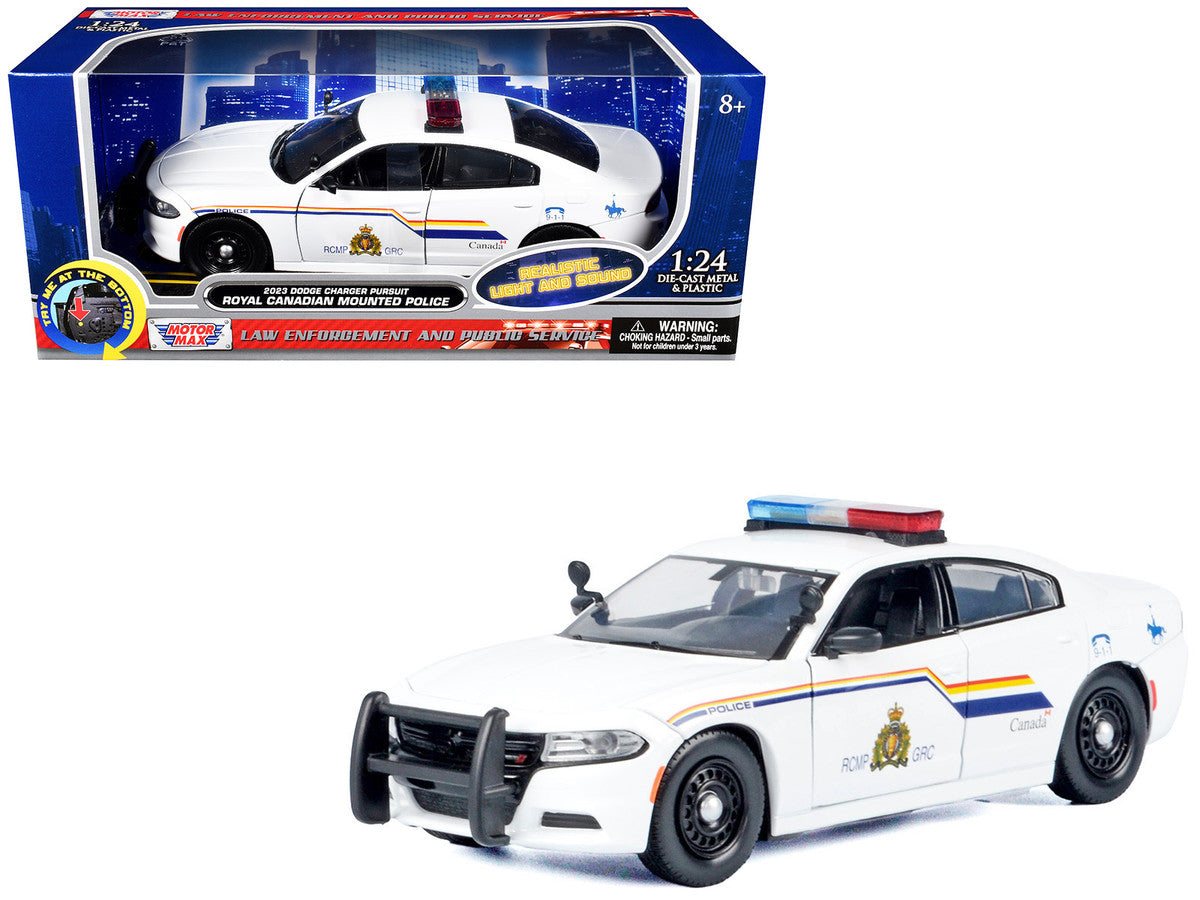 2023 Dodge Charger Pursuit Police Car "Royal Canadian Mounted Police (RCMP)" White with Flashing Light Bar and Front and Rear Lights and Sound 1/24 Diecast Model Car by Motormax Motormax