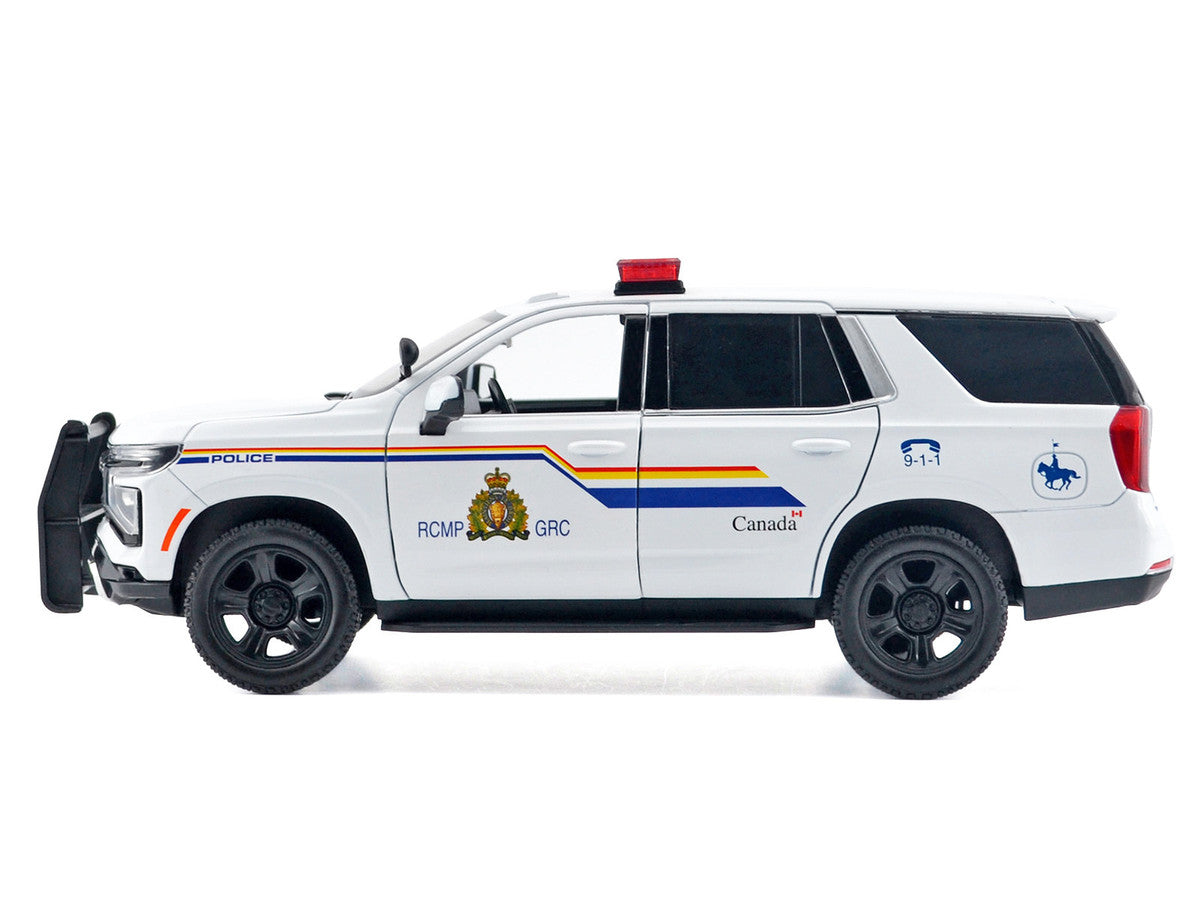 2025 Chevrolet Tahoe PPV "RCMP (Royal Canadian Mounted Police)" White with Stripes with Flashing Light Bar and Front and Rear Lights and Sounds 1/24 Diecast Model Car by Motormax Motormax
