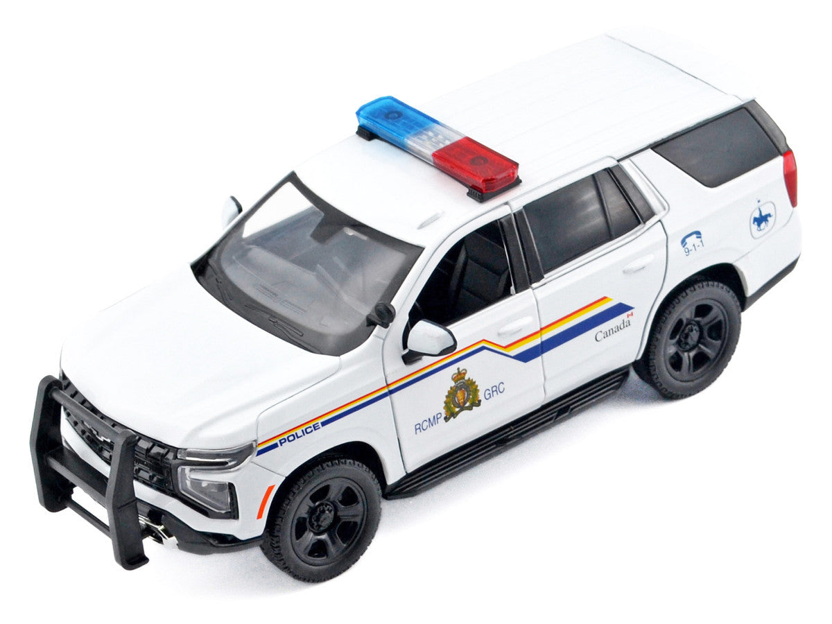 2025 Chevrolet Tahoe PPV "RCMP (Royal Canadian Mounted Police)" White with Stripes with Flashing Light Bar and Front and Rear Lights and Sounds 1/24 Diecast Model Car by Motormax Motormax
