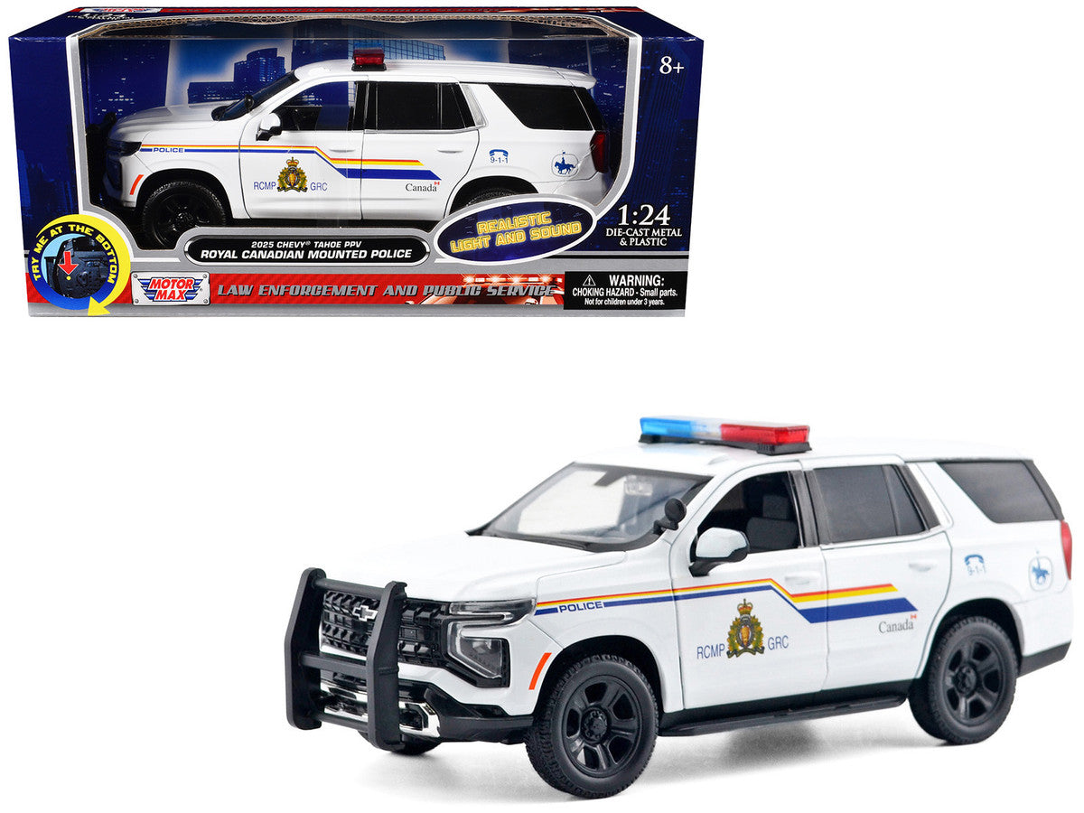 2025 Chevrolet Tahoe PPV "RCMP (Royal Canadian Mounted Police)" White with Stripes with Flashing Light Bar and Front and Rear Lights and Sounds 1/24 Diecast Model Car by Motormax Motormax